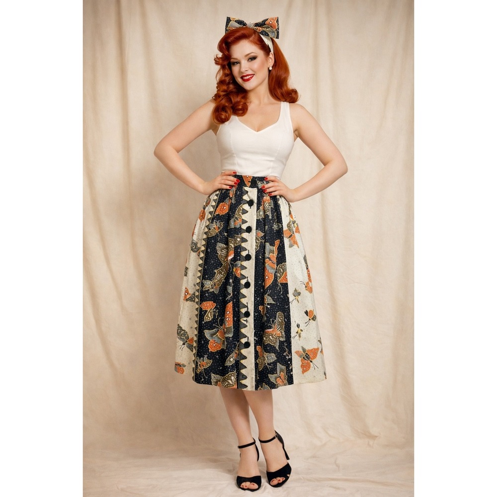 Vintage Butterfly Batik Print Button Front Midi Skirt, Women's Size 4
